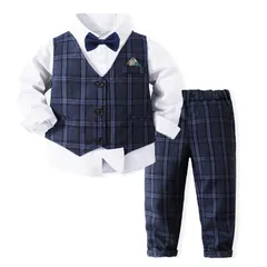 ホワイト+ネイビー_110 [Volunboy] 男の子 フォーマル 子供 スーツ 4点セット 可愛い 紳士服 ベビー服 結婚式 誕生日 発表会 七五三 記念撮影 80-120cm (ホワイト+ネイビー,110)