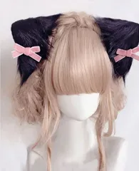 もこもこ ファー 猫耳 リボン ふわふわ 動物 ロリィタ 小悪魔 ヘアクリップ ヘアピン ピンク 黒 コスプレ ハロウィン CYREA