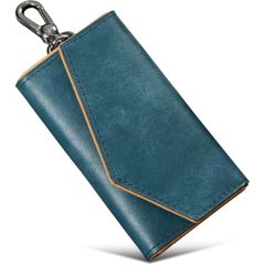【新品未開封】キーケース メンズ 4連フック プエブロレザー 日本製 本革 カード2枚 お札1枚 カラビナ key case 多機能 スリム プレゼント クリスマス（ブルー）