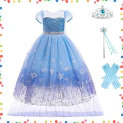 【在庫処分】女の子 なりきり 女の子 可愛い アクセサリー ワンピース コスプレ 誕生日 ブルー 七五三祝い お姫様 撮影用 エルサ風 文化祭 子供 遊戯会 ハロウィン 文化祭 仮装 ステージ衣装 ドレス プレゼント プリンセス 5点セット [MUXIU] マ