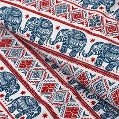 なないろ館 ゾウ柄 キャンバス生地 約115 x 200cm 綿 コットン ハンドメイド 手芸用 アジアン エスニック 布( ブルー)