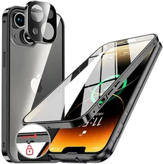 NIANGUO【ロック機能付き・自動ポップアップボタン】 iPhone14 用 ケース クリア 【両面強化ガラス】 9H硬度 【一体型レンズ保護】 アイフォン14 カバー アルミバンパーケース メタルフレーム 耐衝撃 傷防止 高感度タッチ 薄型 軽量 ワイ 1