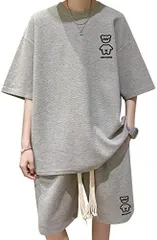 L_019#：グレー [Firome] 夏服 メンズ tシャツ 半袖 上下 セット 大きいサイズ ゆったり おしゃれ ジャージ 上下 スウェット ハーフパンツ ショートパンツ セットアップ メンズ 無地 快適 スポーツウェア Grey L