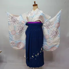 二尺袖 着物 袴フルセット 着物丈はショート丈 綸子地 くすみブルー 袴色変更可能 卒業式に NO41074-2