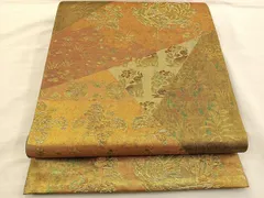 本金青銅箔袋帯　ゴールド地に横段橋松文　逸品　◇ お得なエブリデイロープライス となみ織物 正絹西陣織袋帯 本