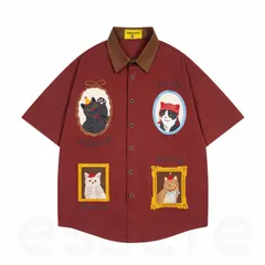 半袖Tシャツ カーディガン トップス メンズ レディース ヴィンテージ 刺繍 ネコ アメリカンレトロ 男女兼用 ゆったり カジュアル 夏 カップル M-LLサイズ レッド