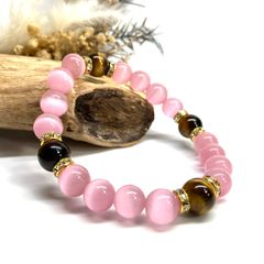 キャッツアイ(ピンク)×タイガーアイ パワーストーン ブレスレット  (ゴールド) メンズ・レディース　男性・女性　数珠ブレス 開運 [23]