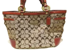 良品 COACH コーチ F11237 トートバッグ ☆ ベージュ系 シグネチャー柄 キャンバス × レッド系 レザー レディース ハンドバッグ ▼7E