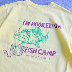 90s USA製 J.B's ” I'm HOOKED ON FISH CAMP ” Back Printed T-shirt  ” フィッシング キャンプに夢中 ” 魚 バックプリントTシャツ ポケ