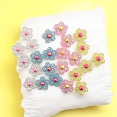 キラキラフラワーデコパーツ 6個入り 4色 パール中央 ヘアアクセサリー手作り素材 約1.5cm pt-2843