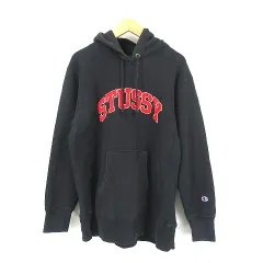 ステューシー STUSSY Champion コラボ パーカー プルオーバー フーディ 黒 ブラック Lのサムネイル
