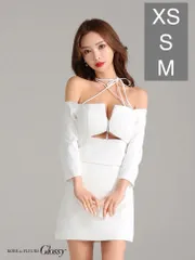 ホワイト [GL3585-W-2412] 【ROBE de FLEURS Glossy/ローブ・ド・フルール ローブドフルールグロッシー】オフショル/ ホルター/ バストススリット/  セットアップ/ ミニドレス/ キャバドレス