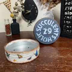ちま寄せに♡リメイク缶＆ガーデンプレート  セット(蝶 スノーホワイト・ミッドナイトブルー)＊リメ缶  多肉  ハンドメイド