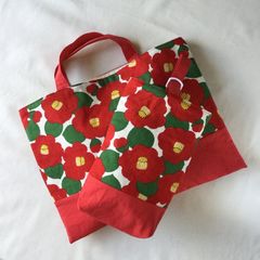 椿のレッスンバッグとシューズケースの通園通学セット（つばき柄）