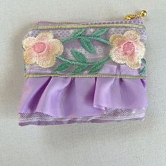 ☆ハンドメイド☆インド刺繍＆フリル☆ミニポーチ☆パープル☆