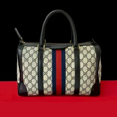 極 美品 GUCCI グッチ オールドグッチ ヴィンテージ シェリーライン GG 柄 レザー ハンドバッグ ミニ ボストンバッグ ネイビー 71346