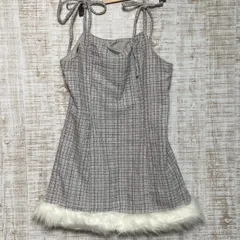 GRL グレイル　レディース　ワンピース　キャミワンピース　ミニワンピース　ノースリーブ　肩紐リボン　チェック柄　グレー　ホワイト　Lサイズ　ラメツイード　ファー　お出かけ　フェミニン　オシャレ　s419h339