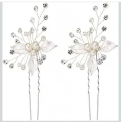 ★DFsucces ゴールドヘアピン 三つ葉 ヘアピン 結婚式 二次会 発表会 卒業会 パール 髪飾り (シルバー-２本セット)