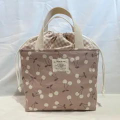 保温保冷 ランチバッグ さくらんぼ柄くすみピンク×ギンガムチェック 持ち手つきお弁当袋 巾着バック 洗える保冷シート ランチグッズ