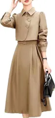 J-Scott ジェイスコット セットアップワンピース 同色ベスト＋ベルト付き フレア 長袖 ミモレ丈 きちんと感 オフィス(カーキベージュ,  M)