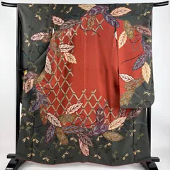 振袖 身丈163cm 裄丈66cm M 袷 葉柄 組紐 金糸 金彩 茶緑色 正絹 美品 名品 【中古】