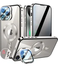 ★KELLCASE【カメラレンズ保護・スタンド+覗き見防止+MagSafe対応 】iPhone 15 Pro Max 用 ケース 両面 隠しスタンド付き ロック付き 全面保護 アイフォン15プロマックス カバー ストラップホール付き透明背面 （グレー）