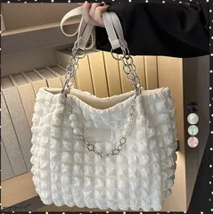 ポップコーントートバッグワッフル レディース ぽこぽこバッグ 大容量 肩掛けカバン カジュアル鞄 通学通勤 おしゃれ 女性バッグ 軽量手提げバッグ 可愛い鞄 春夏秋冬 チェーンショルダー 大きめ ママバッグ