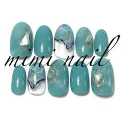 現品限り 水色マーブル＆天然石風ネイルチップ ハンドメイド ラウンド ジェルコート済
