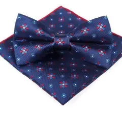 ネイビー 花柄　蝶ネクタイ・ポケットチーフ　２点　セット　結婚式　発表会　七五三祝い 卒業式　入学式　入園式　入社式　イベント　パーティー　ダンスパーティー　バーテンダー　ワンタッチネクタイ　ネクタイ　チーフ　セット　格安　小物　シルバー色　レッド色　ブルー色