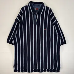 古着 90's/90年代 トミーヒルフィガー TOMMY HILFIGER 鹿の子 半袖 ポロシャツ ロゴ 刺繍 大きいサイズ 2ボタン XXL  ネイビー ストライプ メンズ