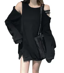 プルオーバー 地雷系 おしゃれ 韓国風 ストリート系 トップス 黒 シンプル 無地 カットソー ゆったり オフショルダー 長袖パーカー レディース [ＳＨＵＭＩＮＧ]トレーナー