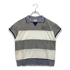 中古 レディース チャンピオン Champion 半袖シャツ M グレー 白 襟付き パイル地 ボーダー