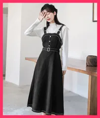 【スタッフおすすめ！】 ジャンパースカート サロペットワンピース 無地オールインワン/着やせロングワンピ/ウエストマーク韓国 ベルト付き 配色ステッチ Aラインワン おすすめ おしゃれ　かわいい　人気 2DAIWEI-001