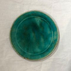 山田義力　緑釉7寸平皿　古作　やちむん