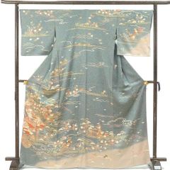 訪問着 身丈168cm 裄67cm 前幅23cm 後幅30.5cm 袖丈49cm 袖幅34cm レディース 袷 四季の花柄 裄長 裄Lサイズ 秋冬春用 正絹（シルク）ブルー トールサイズ 美品 リメイク リユース リサイクル【呉服のきくや】