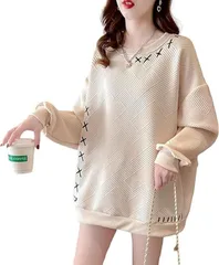 トレーナー レディース パーカー 長袖 丸首 プルオーバー スウェット 刺繍 韓国 ゆったり 大きいサイズ カジュアル シンプル 無地 体型カバー 着痩せ 春 秋 冬 M, ベージュ R10120