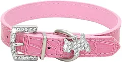 HTharros 犬首輪 犬の首輪 犬用訓練首輪 小型 中型 ペット用品 合皮 弾力性 ソフト PUレザー ラインストーン 調整可能(ピンク,  Sサイズ)