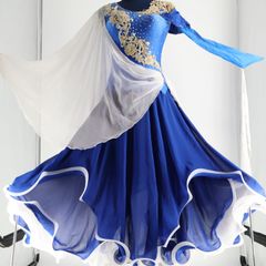 【社交ダンス衣装】ワンピース ドレス 青 ブルー ラインストーン 花柄 レース 社交ダンス衣装】ワンピース ドレス 青 ブルー ラインストーン