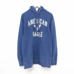 XL/古着 アメリカンイーグル American Eagle 長袖 スウェット パーカー メンズ ビッグロゴ 刺繍 ロング丈 薄紺 ネイビー フード内側サーマ