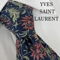 《美品》YVES SAINT LAURENT(イヴサンローラン）シルクネクタイ 総柄 植物柄 紺 グリーン ピンク