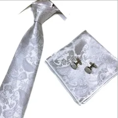ネクタイ カフスボタン ポケットチーフ 3点 セット  ペイズリー 　シルバー色 銀色　結婚式 パーティー イベント ダンスパーティー スーツ ワイシャツ 格安 小物 メンズネクタイ カフス ハンカチ 3点セット