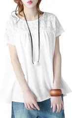 BLANK BLANC レース 花柄 トップス 半袖 チュニック ブラウス 着やせ ゆったり レディース お洒落 カジュアル ファッション カットソー( ホワイト,  S)