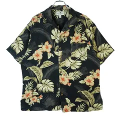 アイランドシェアーズIsland Sharesアロハシャツハワイアンシャツ開襟オープンカラー総柄オールオーバーパターン草リーフ花ハイビスカスウォッシャブルシルク黒ブラックvintageヴィンテージ40205