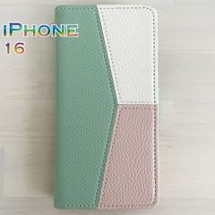 iPhone 16 スマホ ケース 手帳型 グリーン 緑 カードケース ストラップ付き トリプルカラー トリカラー