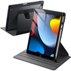 【迅速発送】JETech 回転ケース iPad 9/8/7 (10.2インチ、2021/2020/2019モデル、第9/8/7世代用) Pencilホルダー付き 360°保護 スタンドカバー クリアバック 自動ウェイク/スリープ (ブラック)