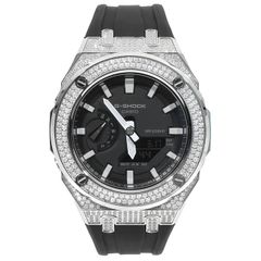 G-SHOCK GA2100 メタル カスタム フルカスタム カシオーク CZジルコニア　ラバーバンド シルバー ステンレス製 ブラックダイヤル