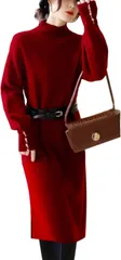 B.N.1 SELECT(ビーエヌワン セレクト) ボタン ビジュー ニット ワンピース ハイネック ベルト付き 膝丈 長袖 レディース( レッド,  Free Size)