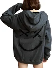 Four leaf 薄手で裏起毛 パーカー メンズ プルオーバー バイカラー 秋 冬 春 秋冬 スマイル 長袖 フード付き トレーナー プリント カジュアル アシンメトリー スウェット 軽量(ディープグレー,  3L)