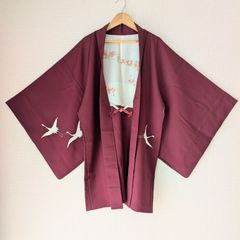 Japanese Vintage Haori Long Dark red Phoenix and crane Pattern Silk Kimono Gown 長羽織 羽織 正絹 縮緬 暗赤色 鳳凰 鶴柄 型染め 古布 時代布 一点物 大正浪漫 和洋折衷