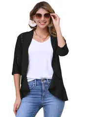 Allegra K アイレットカーディガン レディース 3/4スリーブ ラペルネック フリル オープンフロント カジュアル ブラック M